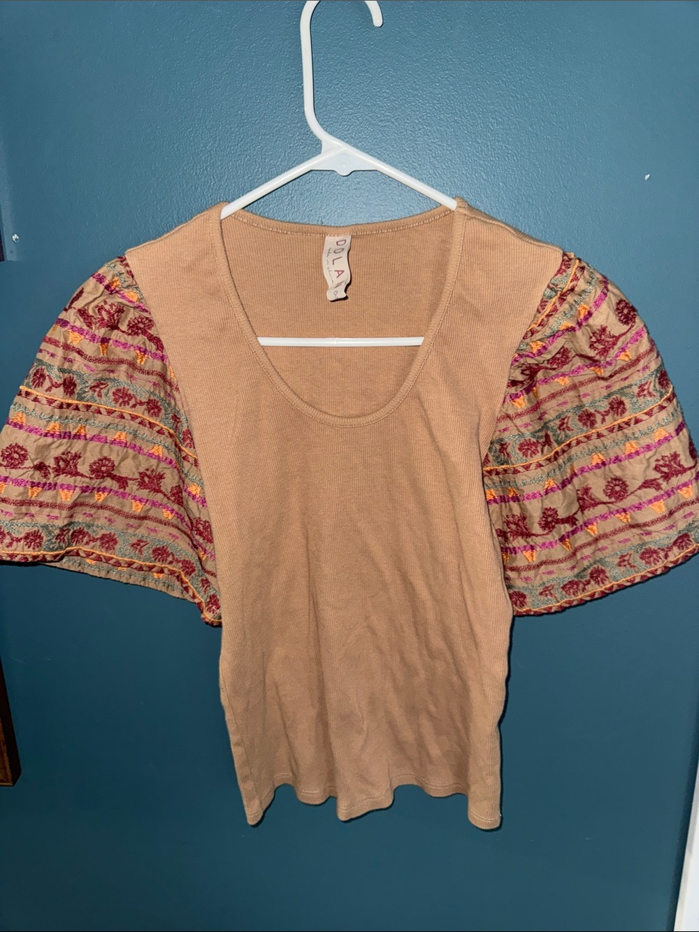 dolan Tan Knit Top with Embroidered Puff Sleeves